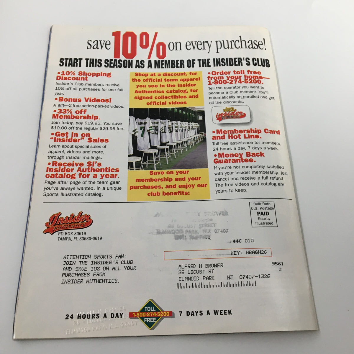 Back cover of Sports Illustrated Magazine Fall 1995 promoting the Insider's Club membership and its benefits for sports fans.