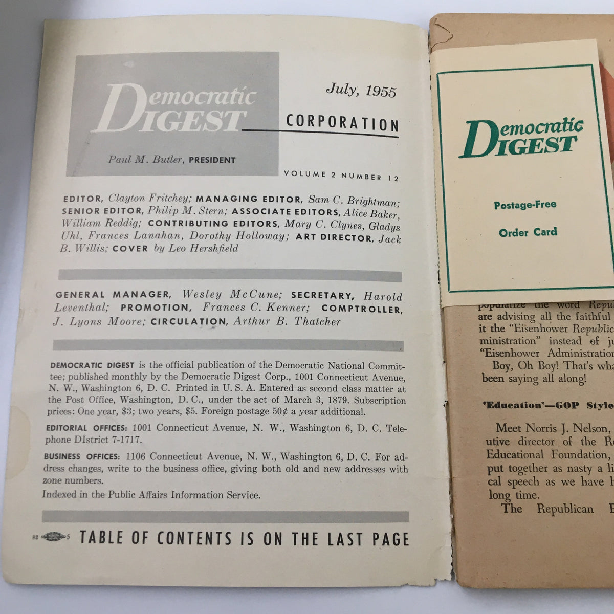 Interior page of the VTG Democratic Digest Magazine, July 1955, featuring editorial credits and publication details.