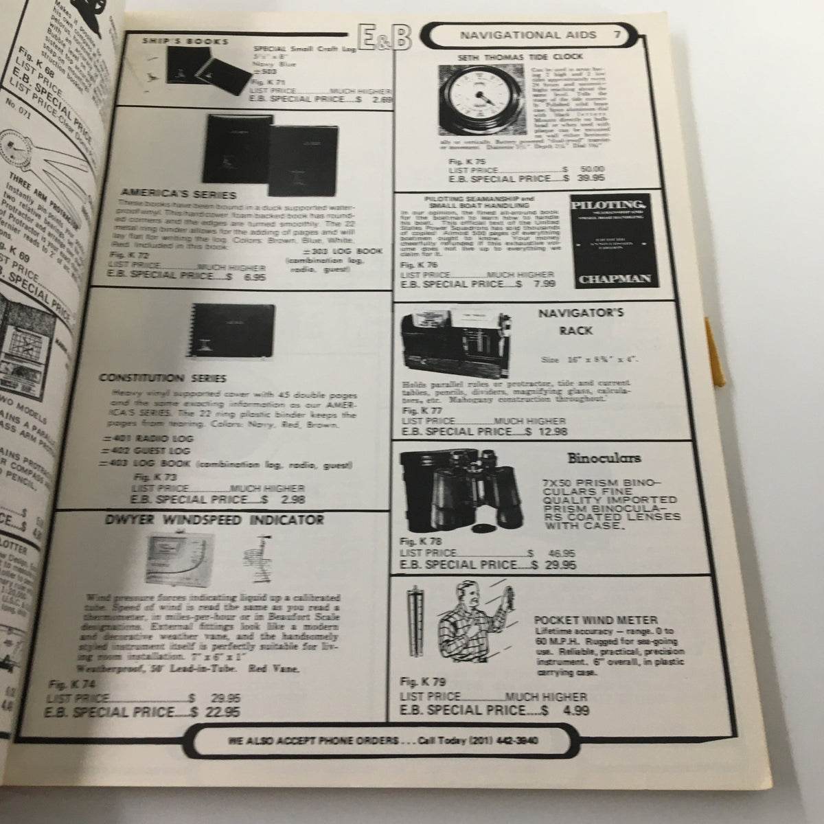 Inside page of the VTG 1973 E&B Marine Supply Complete Marine Buyers Guide Catalog showing listings for navigational aids including clocks and binoculars.