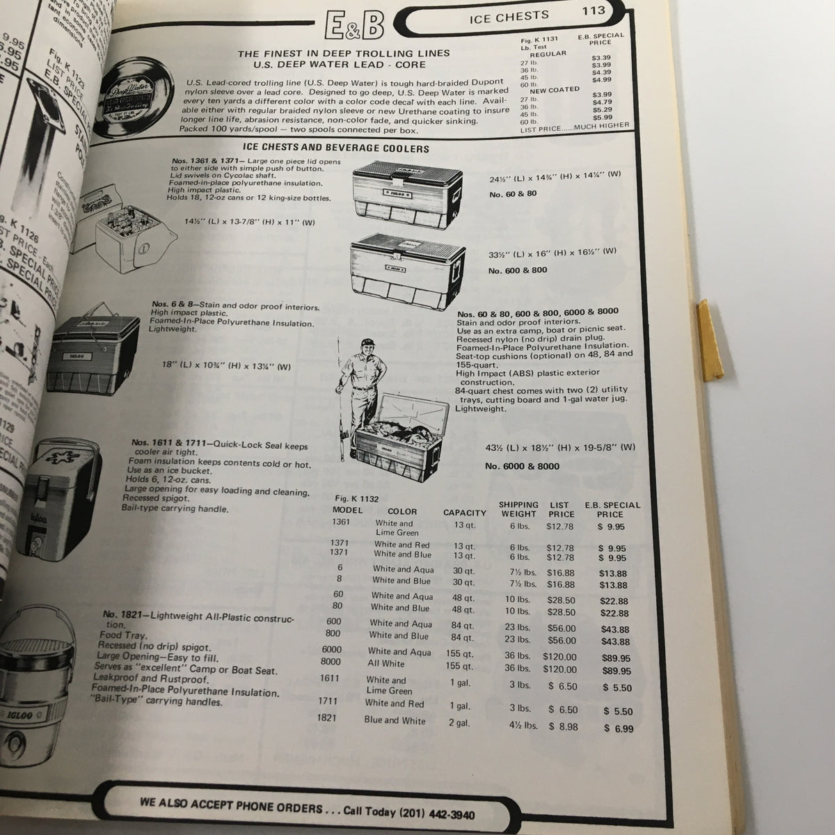 Inside page of the VTG 1973 E&B Marine Supply Complete Marine Buyers Guide Catalog featuring ice chests and beverage coolers with product details.