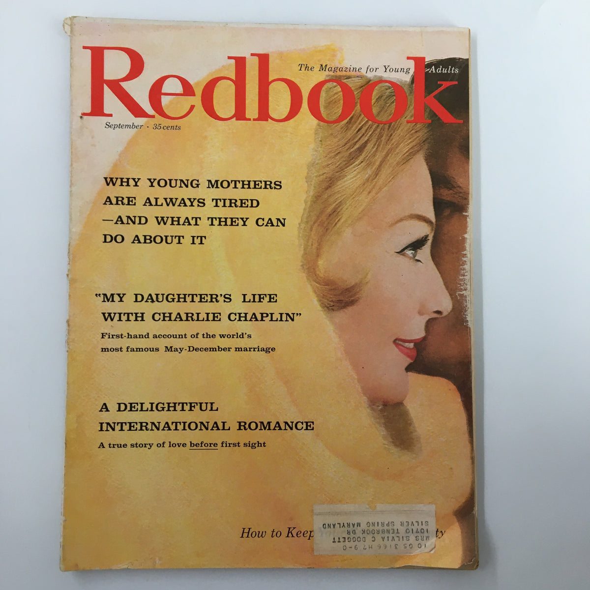 Cover of VTG Redbook Magazine September 1959 featuring an article 'My Daughter's Life with Charlie Chaplin,' showcasing vintage artwork and text.