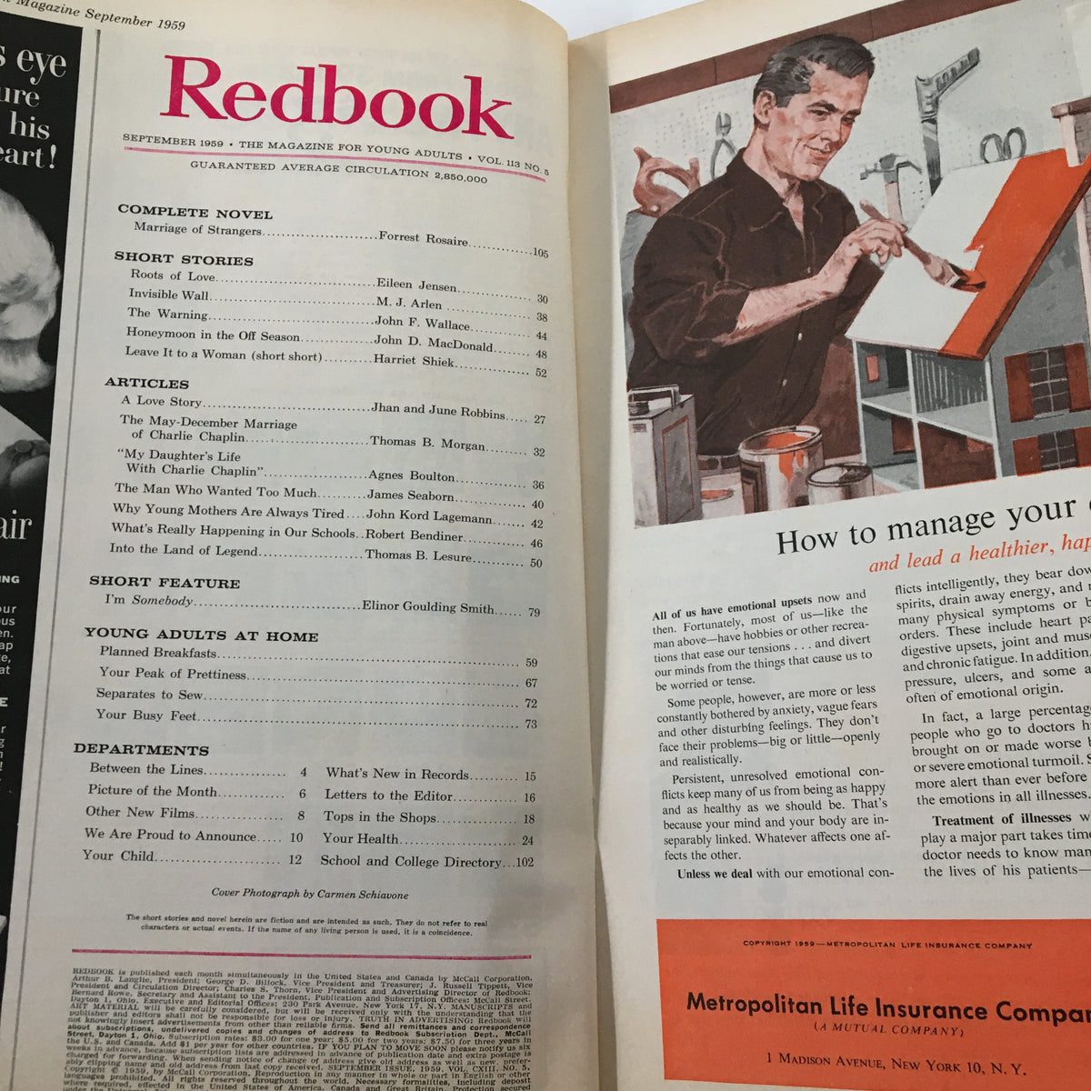 Table of contents from VTG Redbook Magazine September 1959, listing articles, including 'My Daughter's Life with Charlie Chaplin' and various short stories.