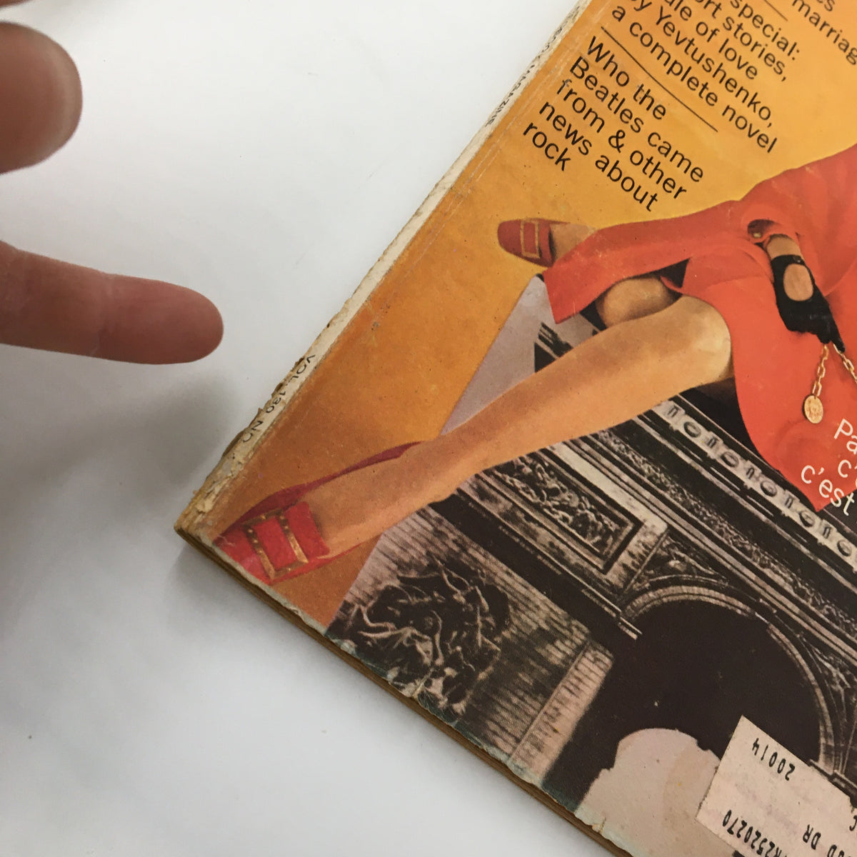 Close-up of the cover of VTG Redbook Magazine February 1968, showcasing details of the La Mode Parisienne fashion and the model's vibrant outfit.
