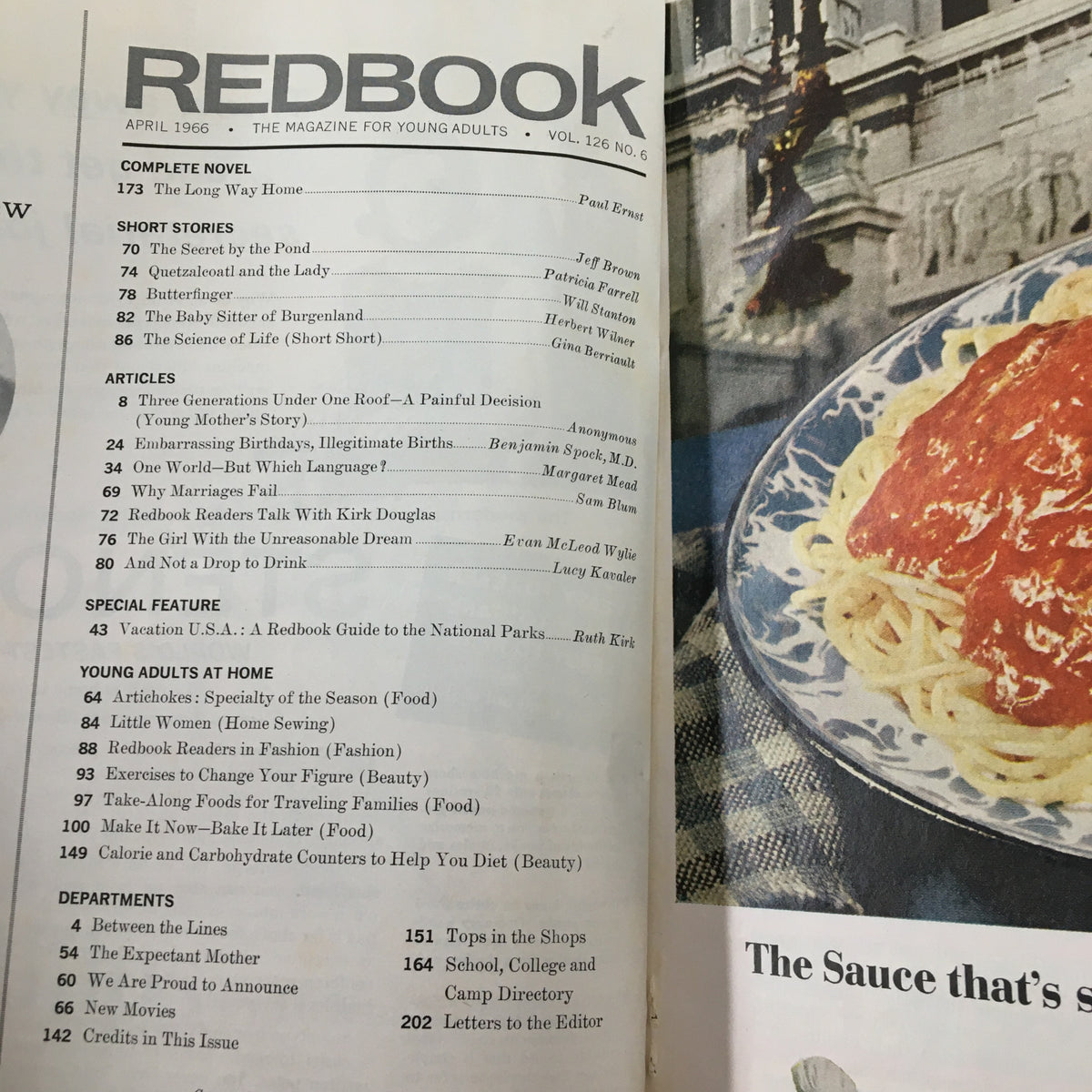 Table of contents for VTG Redbook Magazine April 1966, highlighting featured articles including one with Kirk Douglas and topics on relationships, food, and young adult living.