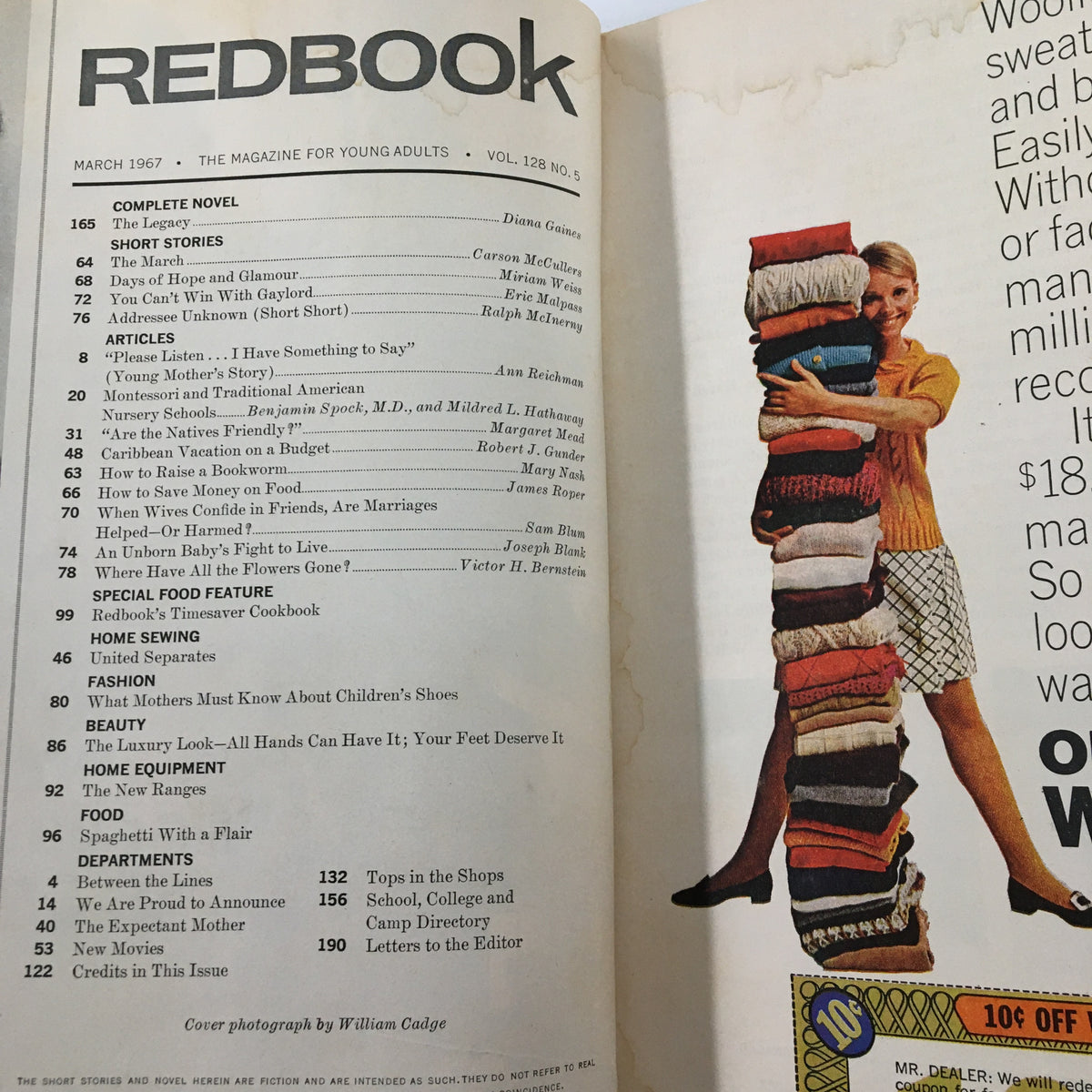 Page from VTG Redbook Magazine March 1967 showcasing the table of contents, featuring articles, short stories, and features on health and family, including 'The Operation That Saves Unborn Babies' Lives.'