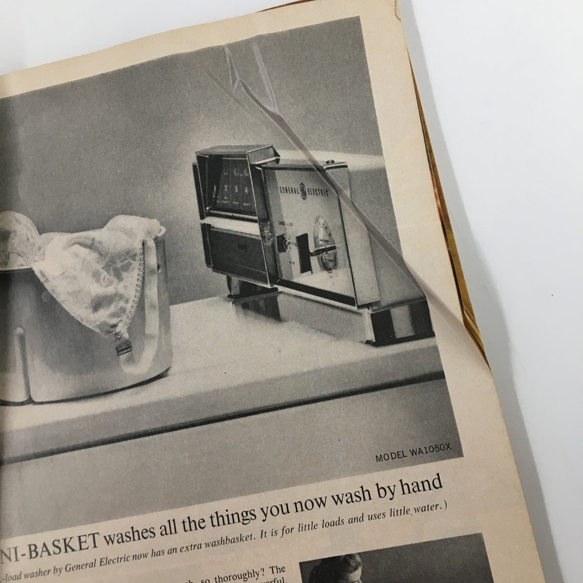 Vintage Redbook Magazine March 1963 article highlighting a General Electric mini-basket washing machine, illustrating mid-century modern design.