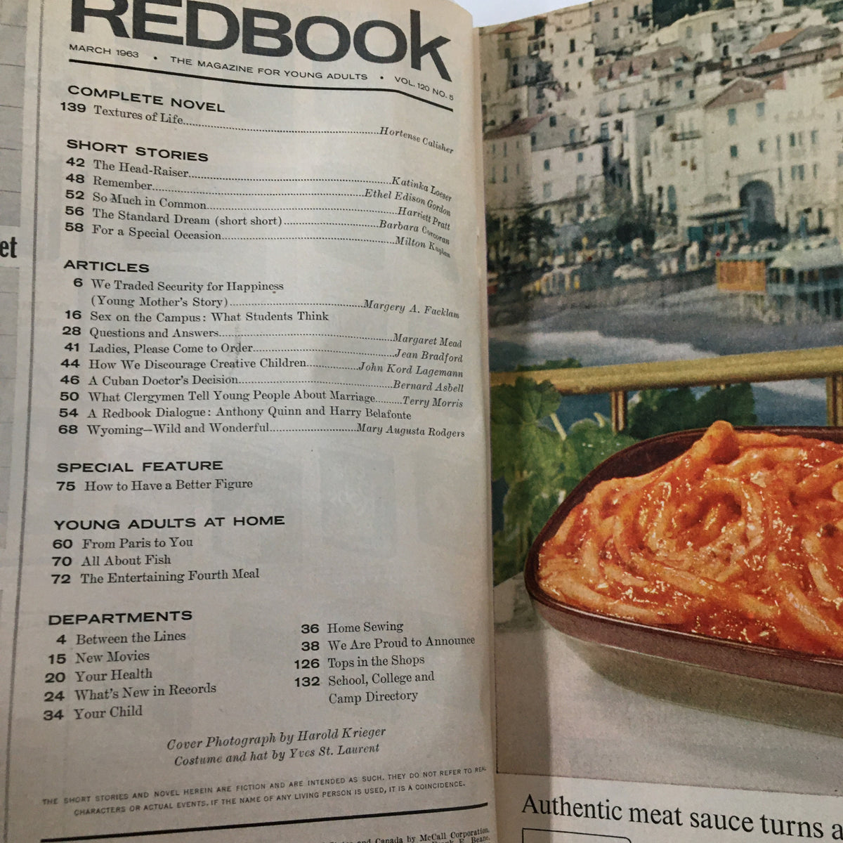Vintage Redbook Magazine March 1963 contents page, listing articles including 'How to Have a Better Figure' and various short stories and features.