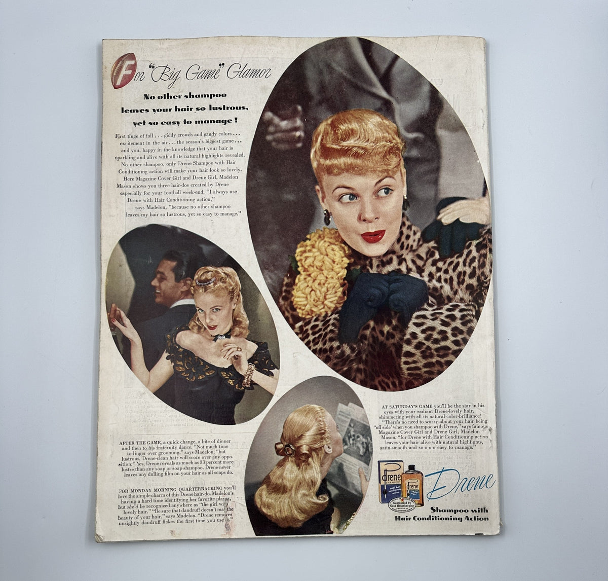 Woman's Home Companion Magazine November 1946 advertisement for 'Drene' shampoo, highlighting a glamorous vintage hairstyle and style advice for women.