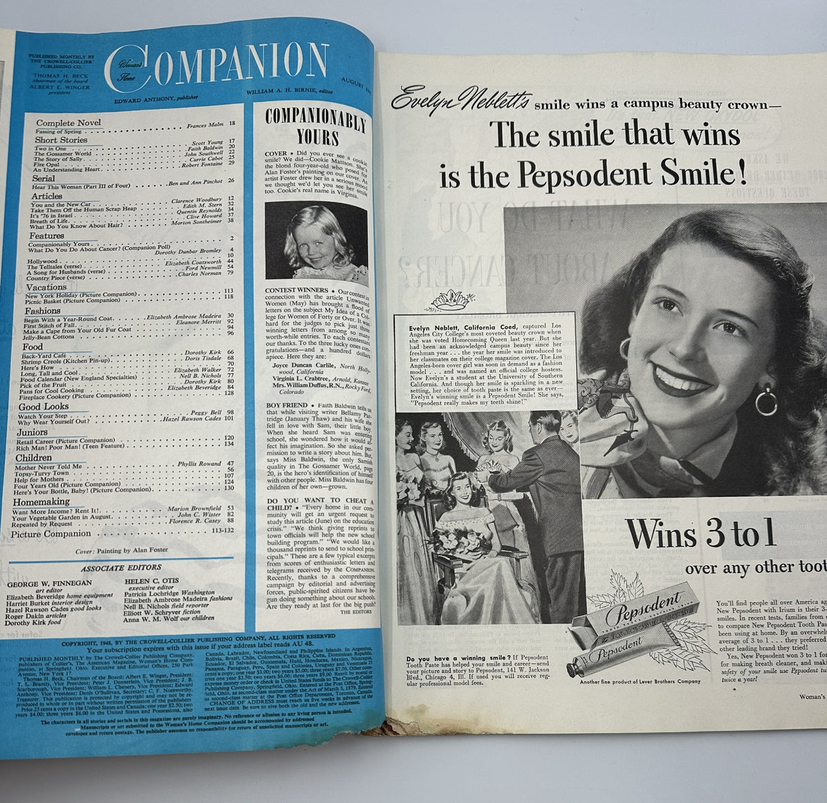 Interior page of Woman's Home Companion Magazine August 1948 displaying the Table of Contents and a beauty page featuring Evelyn Walcott, who won a campus beauty crown, along with other magazine highlights.