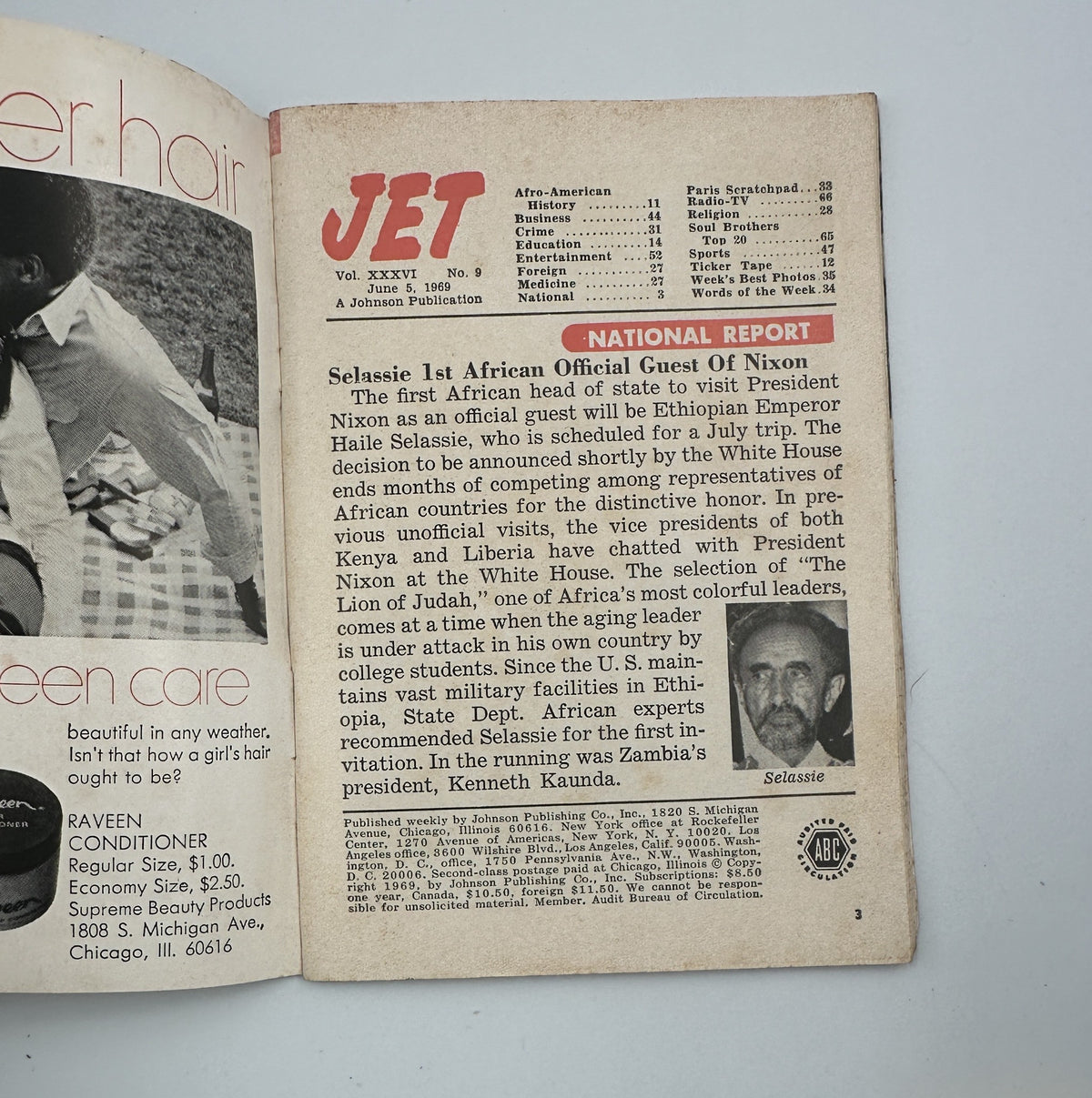 Inside page of Jet Magazine from June 5, 1969 highlighting an article on Selassie as the first African official guest of Nixon, featuring details about his visit and significance.