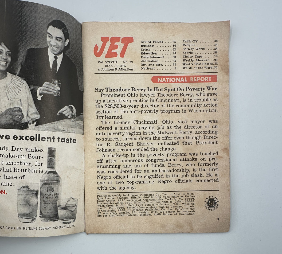 Inside spread of Jet Magazine September 16, 1965, showcasing an article on National Report, discussing poverty and attorney Theodore Berry's involvement in anti-poverty efforts.