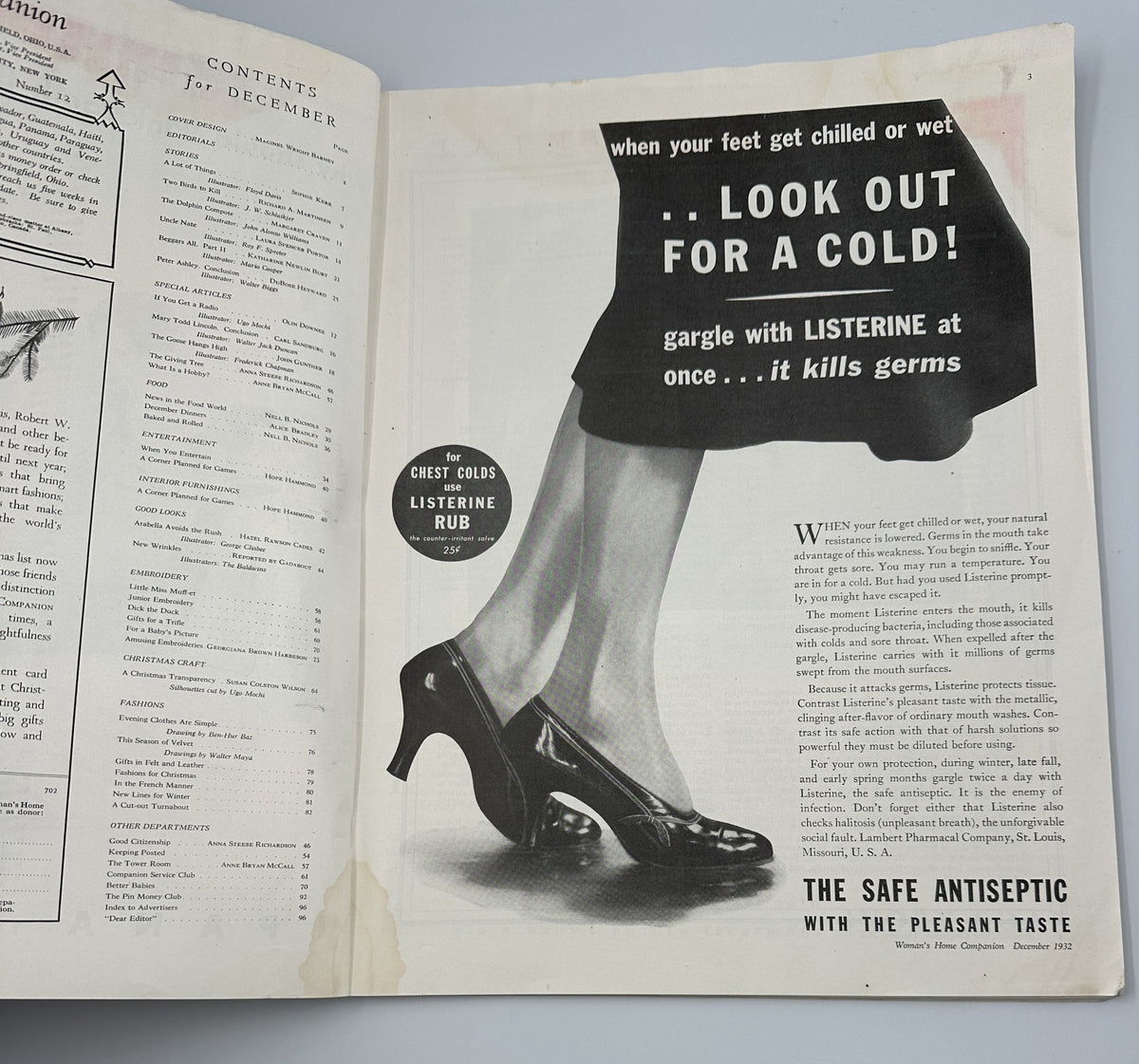 Interior page from the December 1932 Woman’s Home Companion magazine displaying an advertisement for Listerine, promoting its use during cold weather.