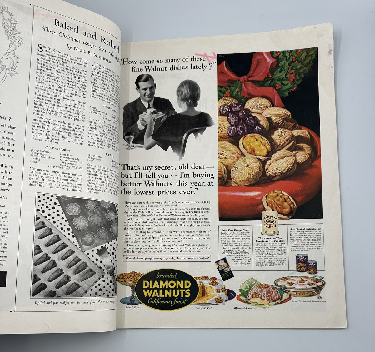 Interior page from the December 1932 Woman’s Home Companion magazine featuring a recipe section with images of holiday food, including a bowl of walnuts and baked goods.