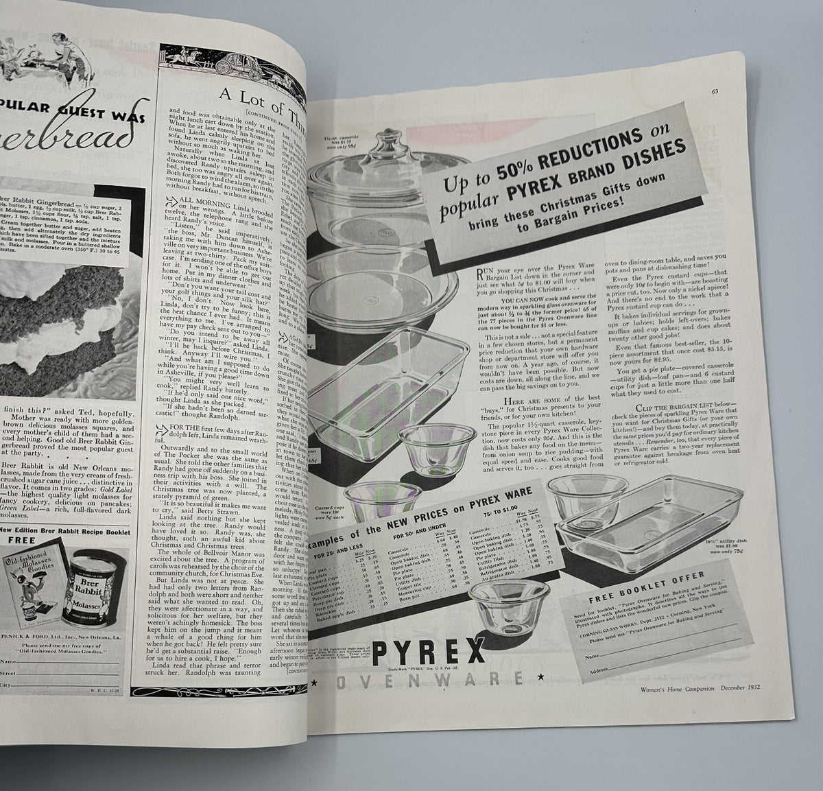 Vintage advertisement featuring Pyrex brand dishes with a promotion for up to 50% reductions, from the Woman’s Home Companion Magazine December 1932 Christmas Cover Stories.