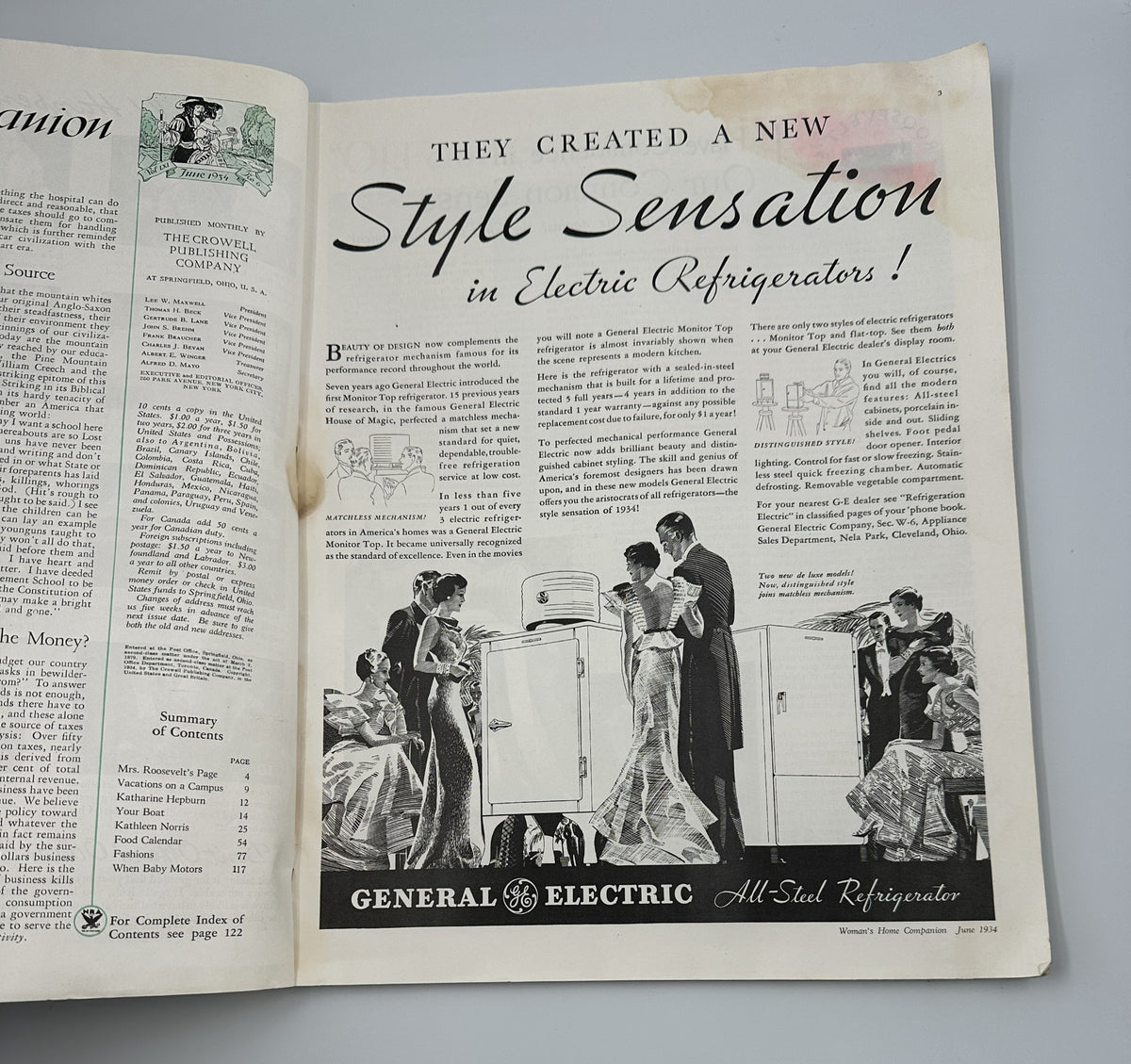 Interior page of the June 1934 Woman’s Home Companion Magazine, featuring an advertisement for General Electric Refrigerators, illustrating vintage design elements.