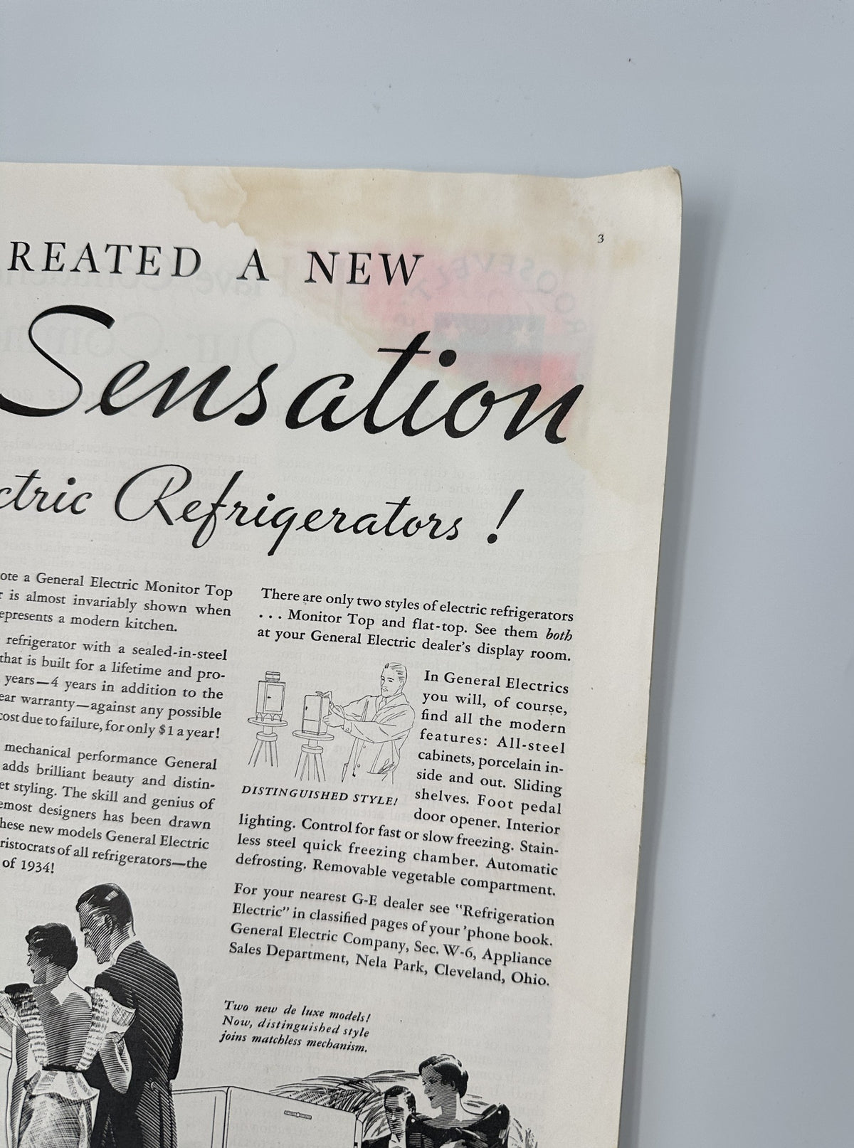 Interior page of Woman’s Home Companion Magazine June 1934 featuring a vintage advertisement for General Electric refrigerators, showcasing text and illustrations.