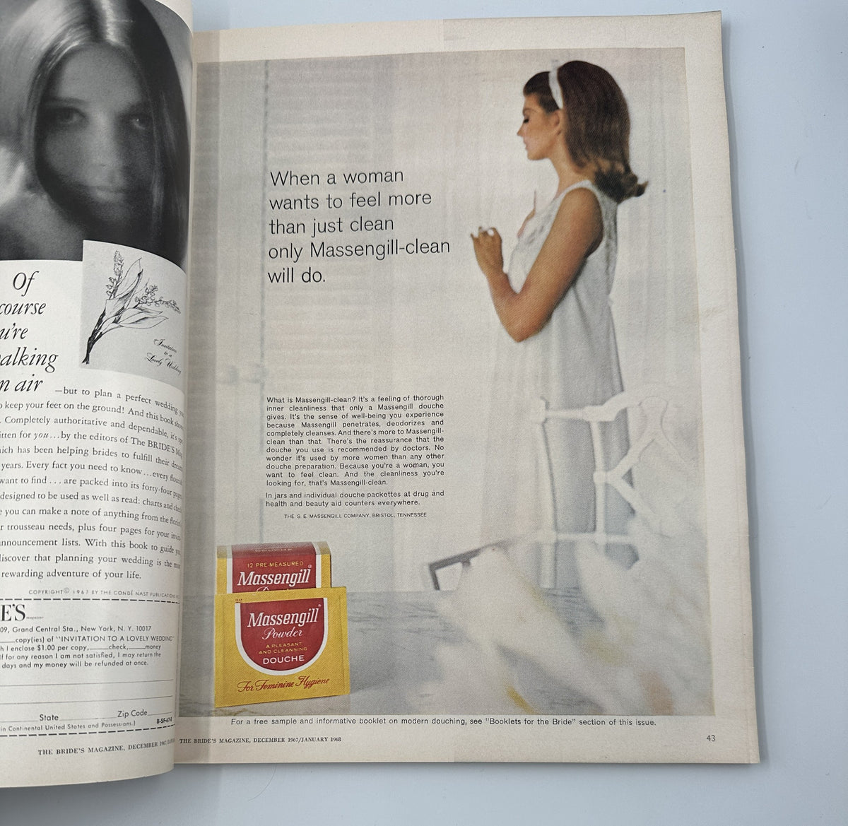 Interior page of Bride's Magazine December/January 1967-68 featuring an advertisement for Massengill feminine hygiene products, highlighting personal care for women.