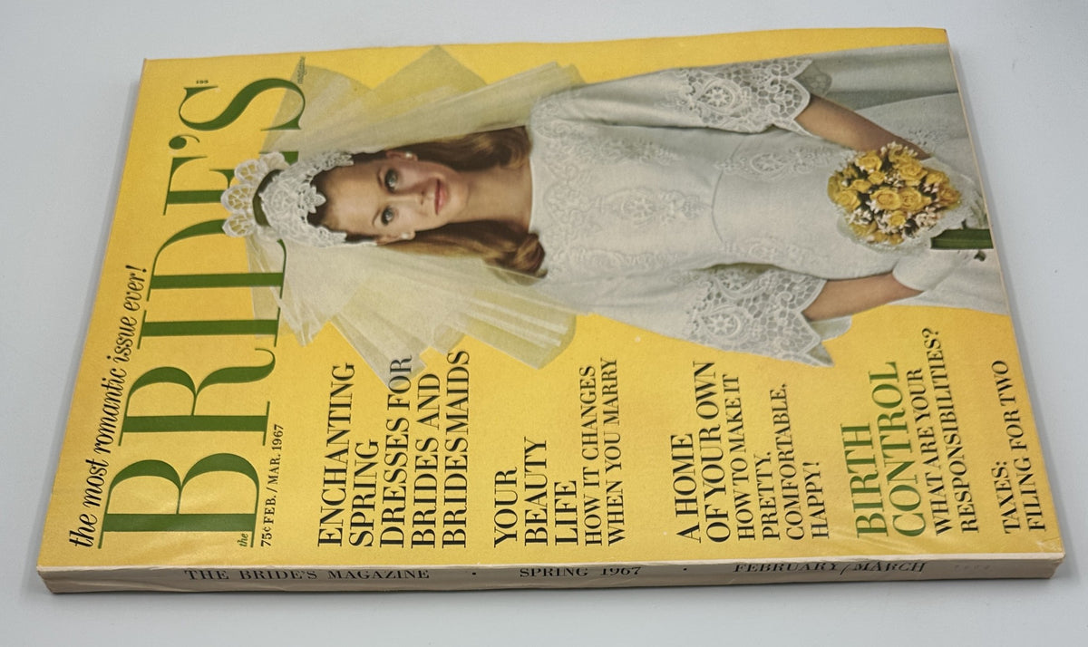 Cover of Bride's Magazine February/March 1967 featuring spring dresses for brides and bridesmaids, showcasing elegant design and floral accents.