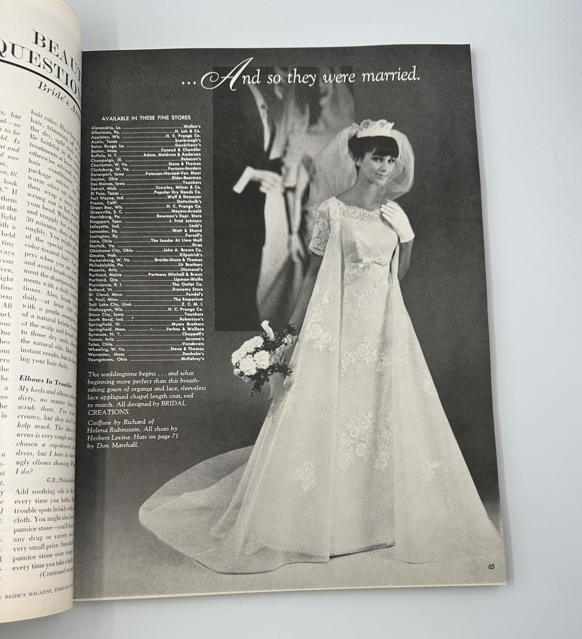 Fashion feature from Bride's Magazine February/March 1967 showing a model in a wedding gown, highlighting bridal style and elegance.