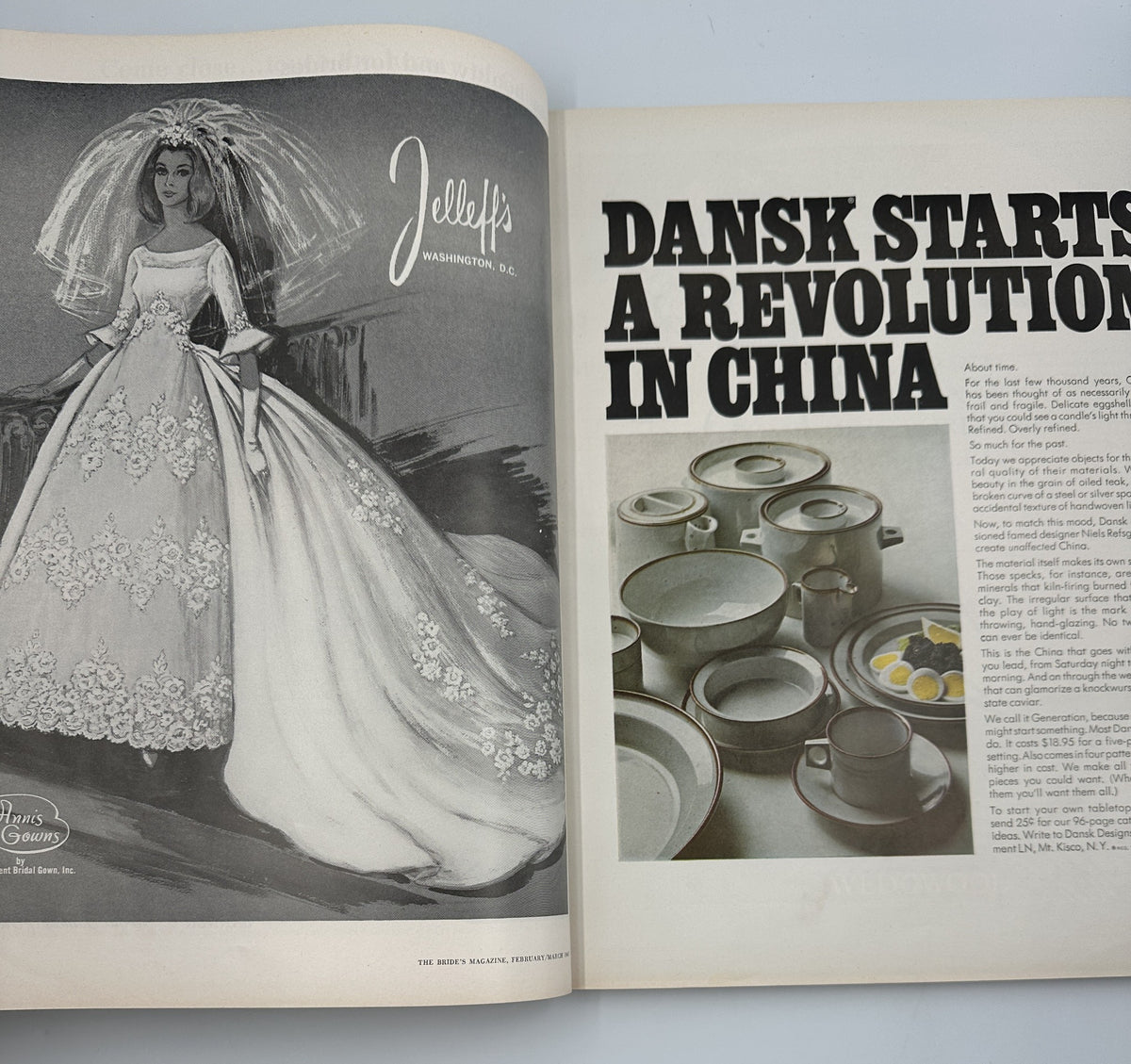 Advertisement within Bride's Magazine February/March 1967 presenting a wedding dress design alongside kitchenware products, illustrating bridal fashion and home essentials.