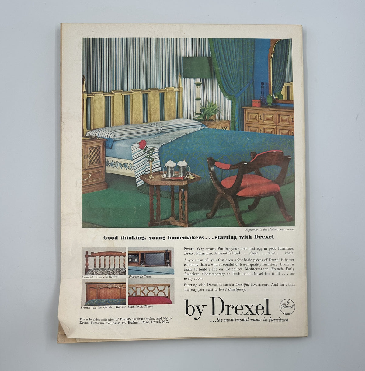 Vintage advertisement from Bride's Magazine February/March 1967 showcasing home furnishings by Drexel. The image features a stylish bed set with a decorative headboard and accompanying accessories, emphasizing comfort for young homemakers.