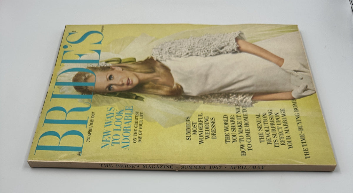 Side view of Bride's Magazine April/May 1967 highlighting new ways to look adorable with wedding fashion insights.