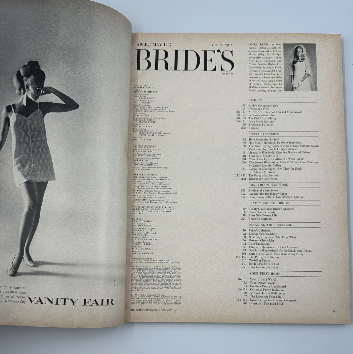Interior page of Bride's Magazine April/May 1967 displaying the table of contents and showcasing articles on bridal fashion and planning.
