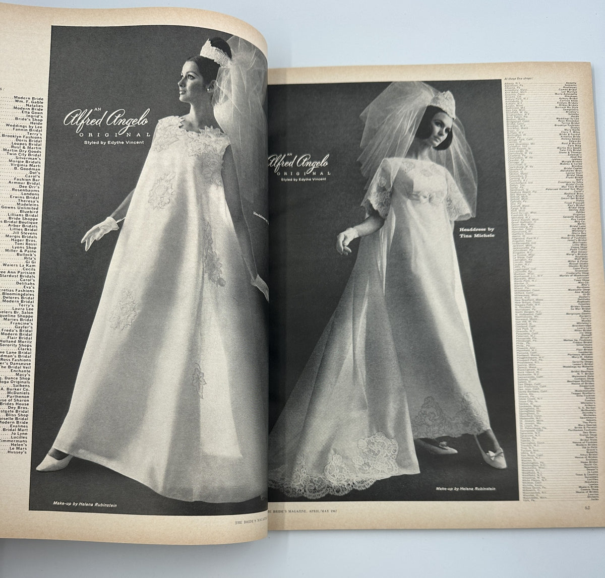 Two models in wedding dresses featured in Bride's Magazine April/May 1967, highlighting bridal attire and design details.