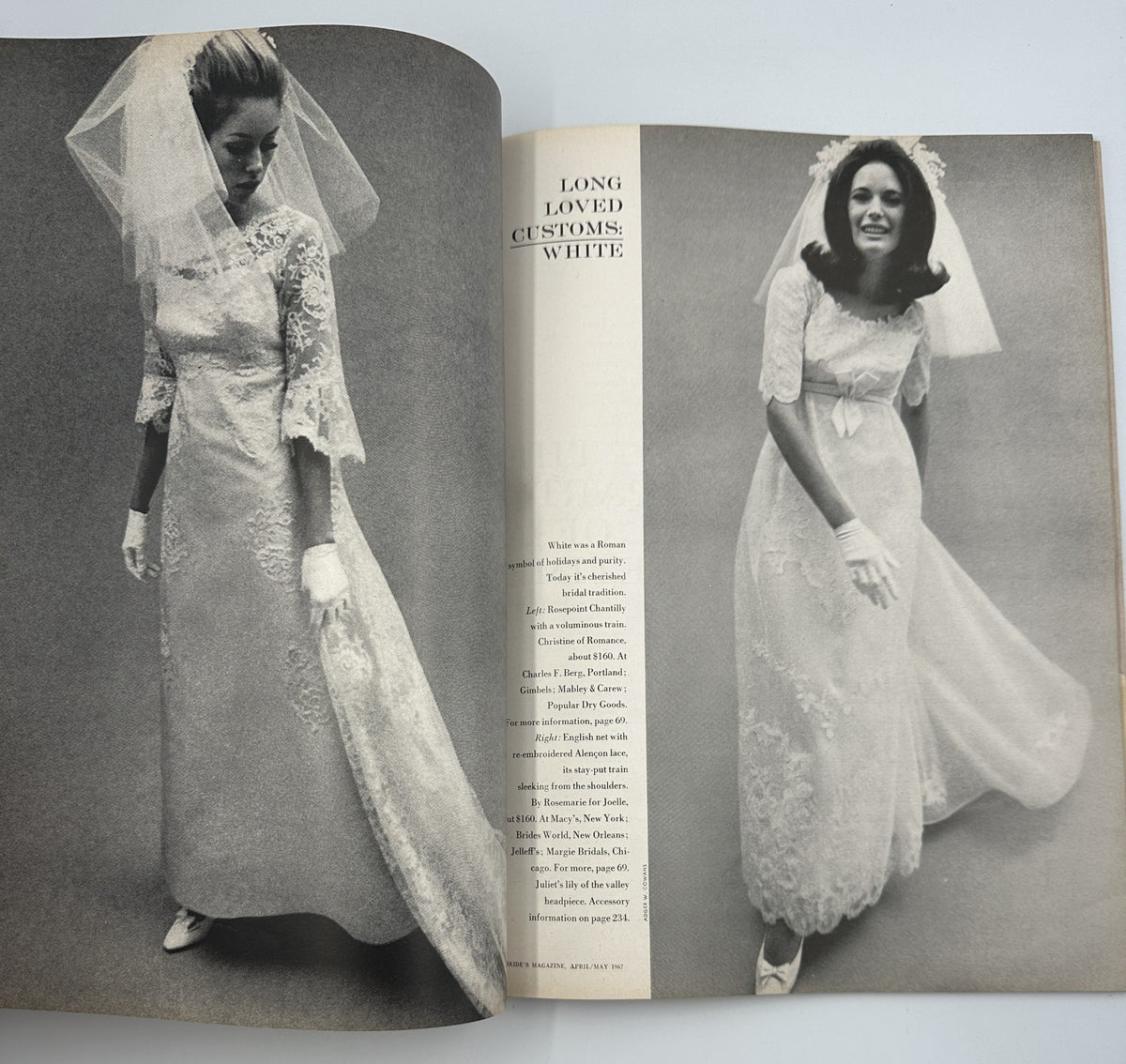 Bride's Magazine April/May 1967 showcasing elegant long-sleeved wedding gowns with lace details, featuring a model wearing a veil and gloves in a studio setting.