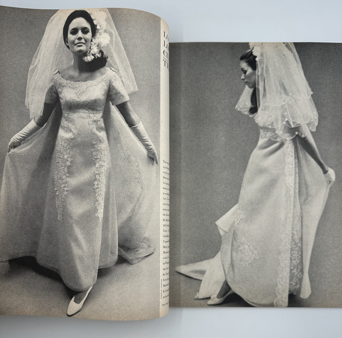 Bride's Magazine April/May 1967 displaying exquisite bridal dresses with floral appliqués, featuring two models in classic poses, highlighting the beauty of wedding fashion.