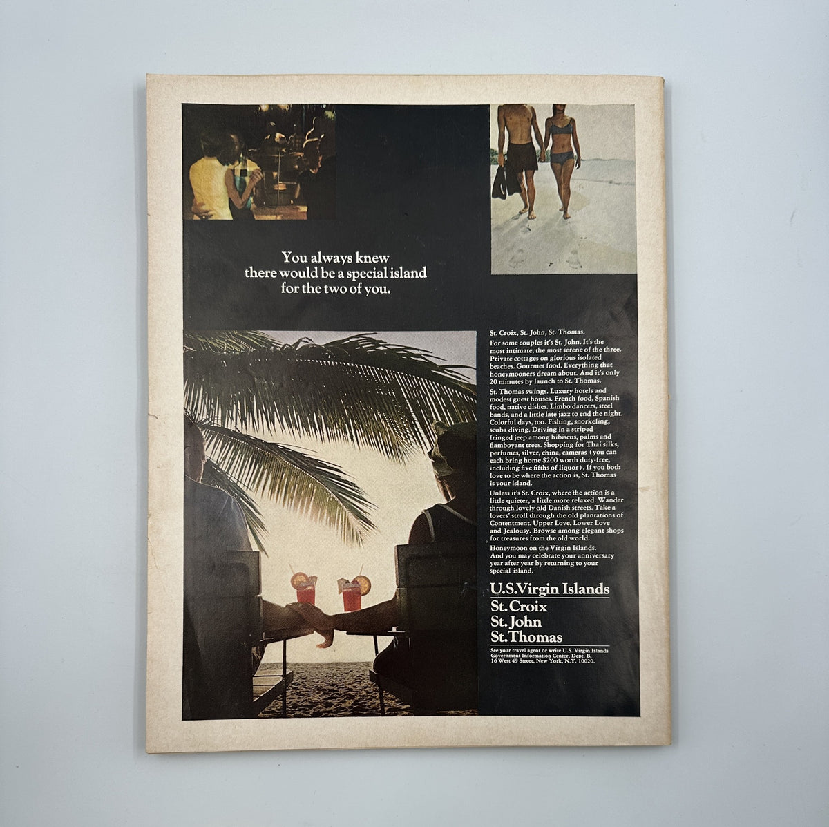 Bride's Magazine April/May 1967 featuring a vintage advertisement for St. Croix and St. Thomas, emphasizing a romantic getaway perfect for newlyweds.