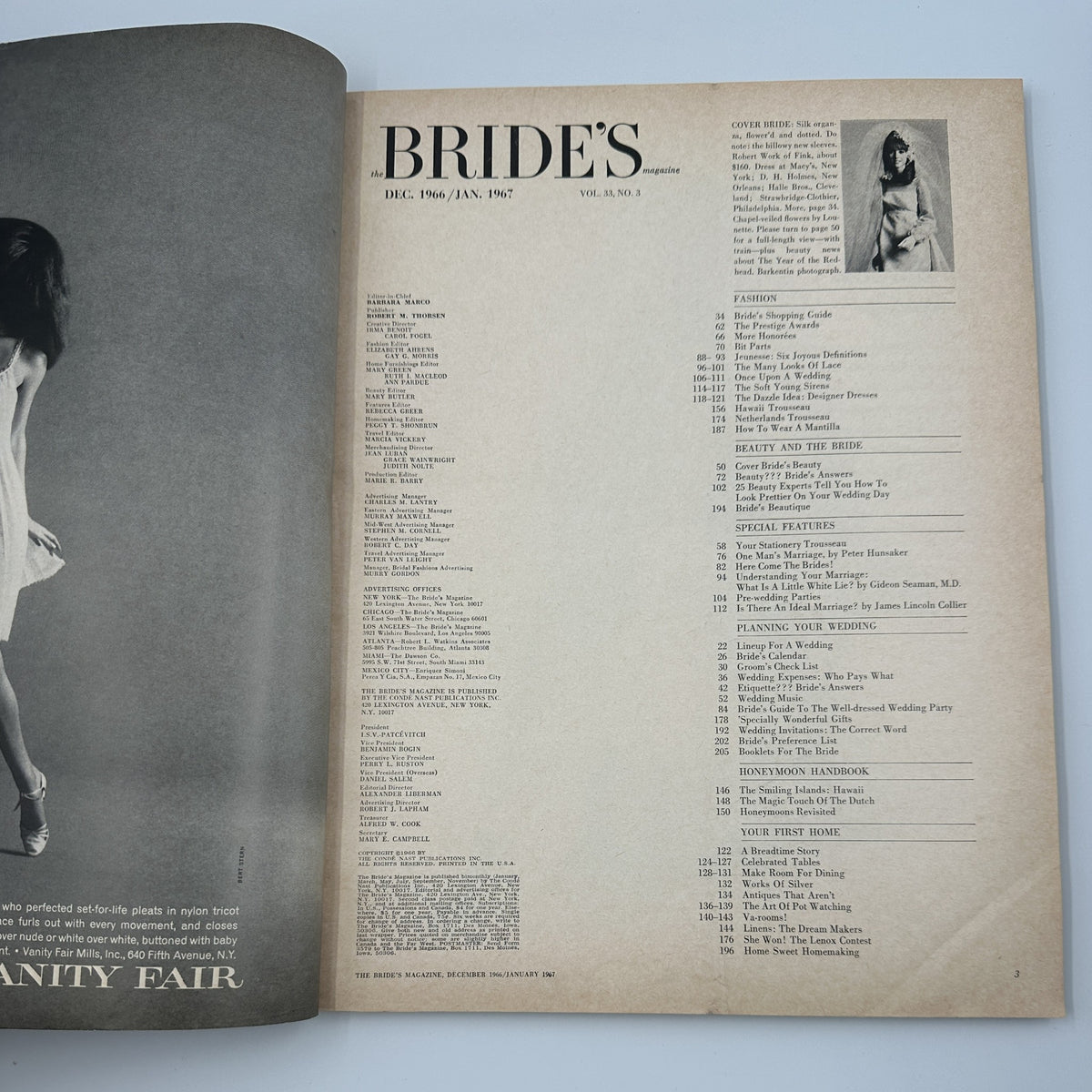 Table of Contents from Bride's Magazine December 1966-January 1967, featuring fashion, beauty tips, and wedding planning advice.