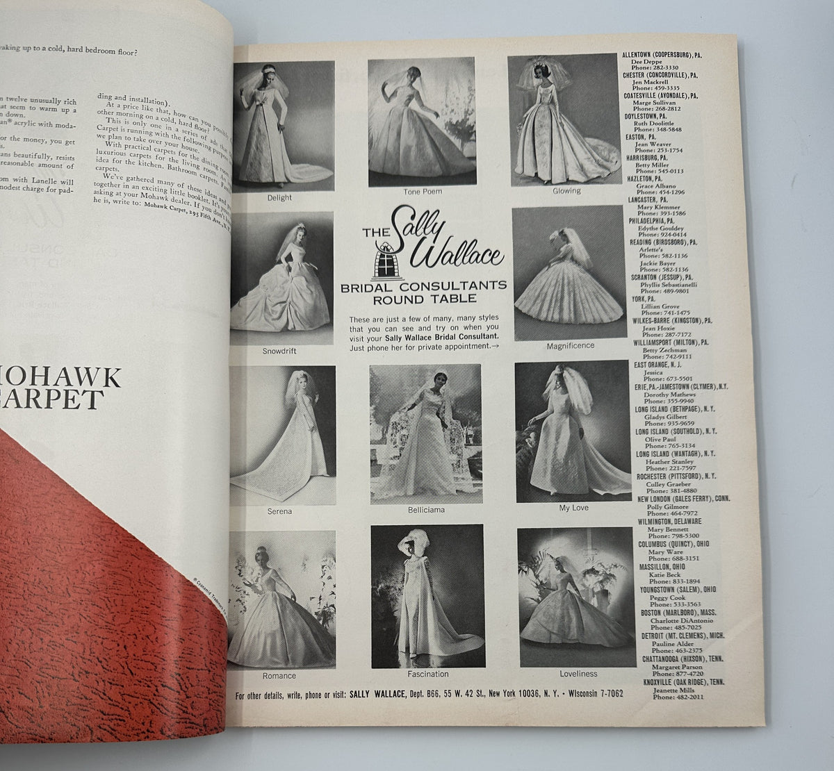 Advertisement featuring bridal gowns in Bride's Magazine December 1966-January 1967, showcasing various styles from The Sally Wallace Bridal Consultants.