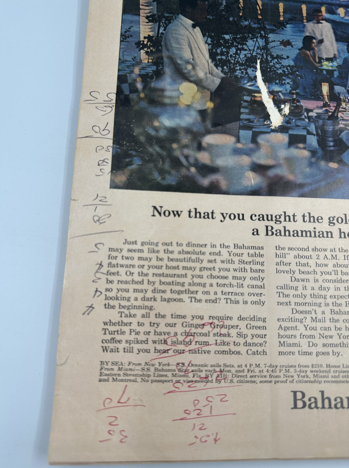 Page from Bride's Magazine December 1966-January 1967 with handwritten notes, related to dining and honeymoon recommendations.