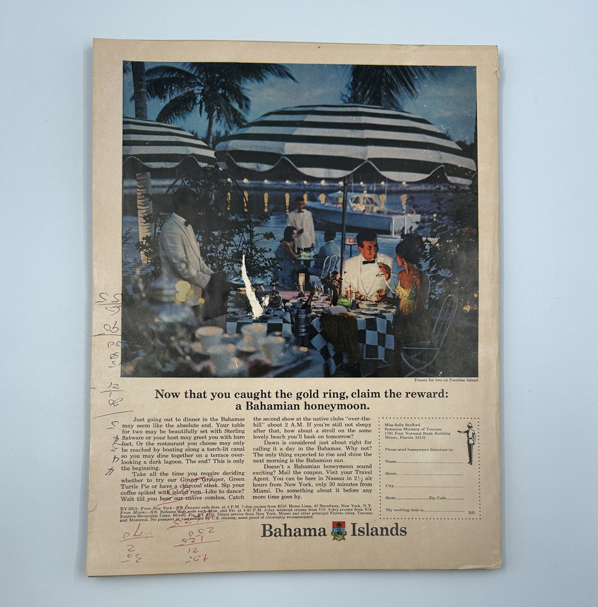 Advertisement for Bahama Islands honeymoon in Bride's Magazine December 1966-January 1967, promoting a romantic getaway.