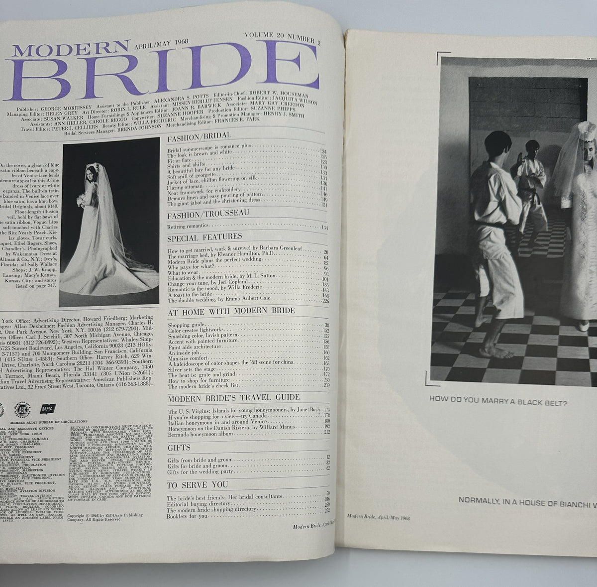 Inside spread of Modern Bride Magazine April/May 1968 displaying articles about fashion and special features for brides, including a striking image of a bride in a wedding dress.