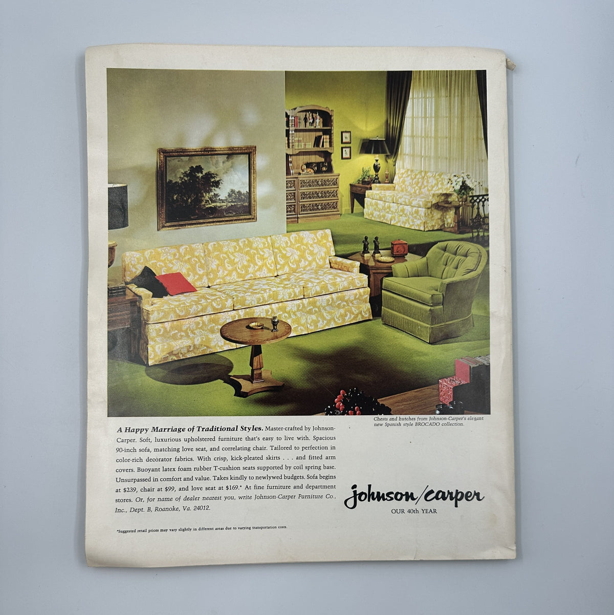 Modern Bride Magazine April/May 1968 highlighting traditional living room furniture by Johnson Carper, showcasing a retro sofa set and chair in a stylishly decorated space.