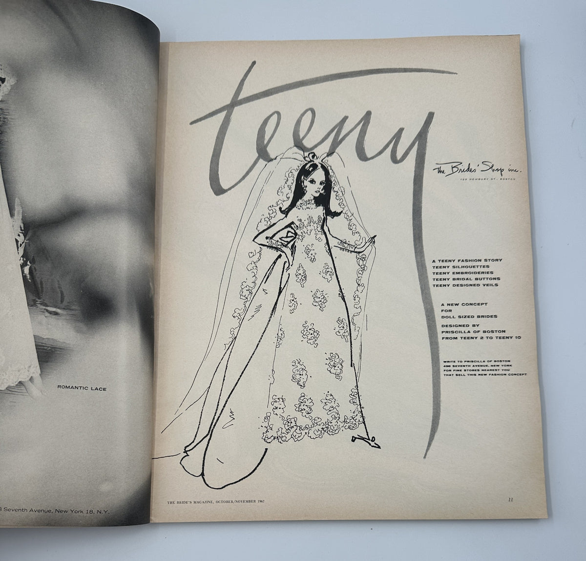 Interior page of Bride's Magazine October/November 1967 with a fashion illustration titled 'Teeny' showcasing a stylish bridal gown design.