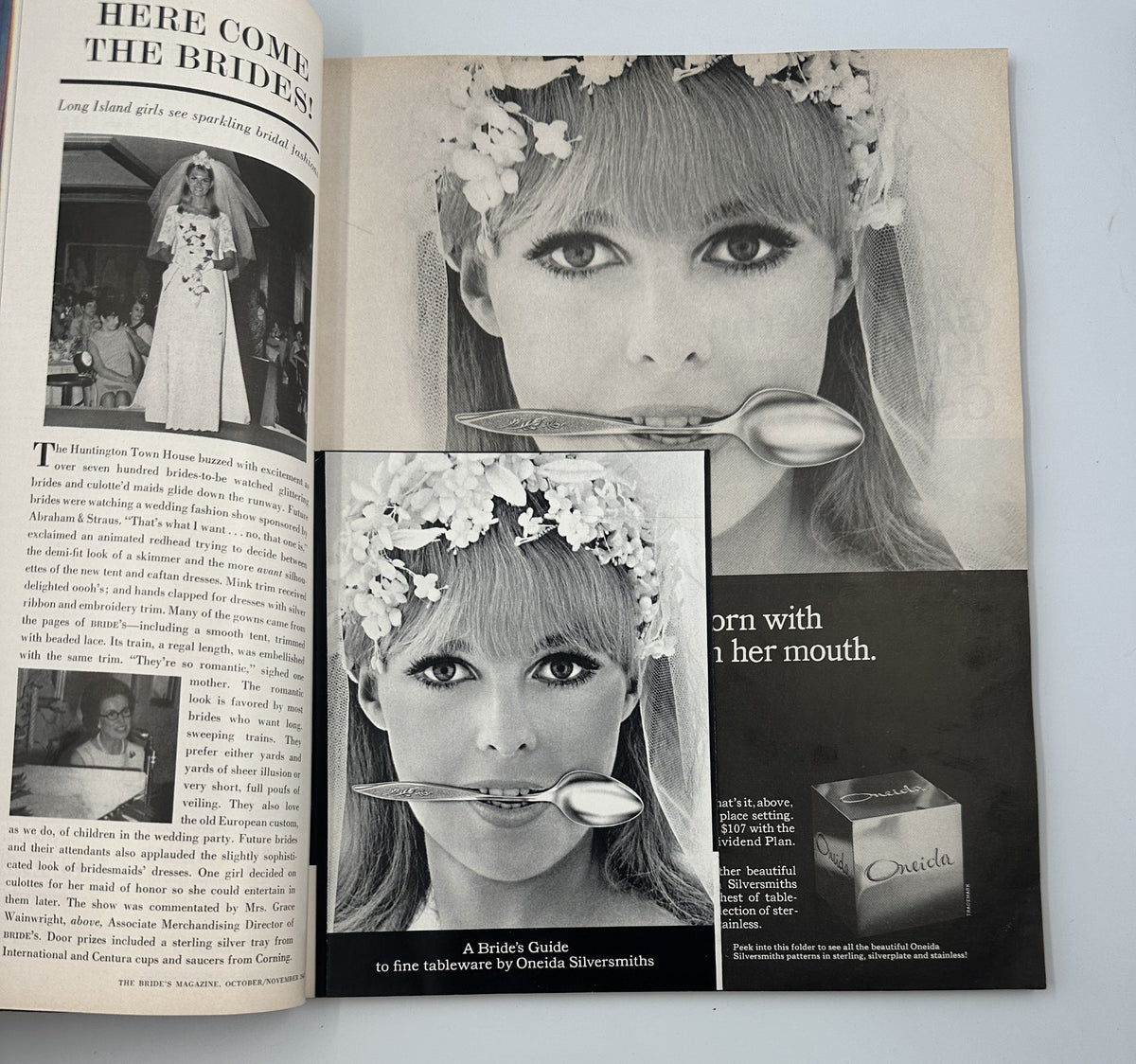 Bride's Magazine October/November 1967 featuring a bridal model with flowers in her hair, holding a spoon in her mouth, showcasing unique bridal advertising.