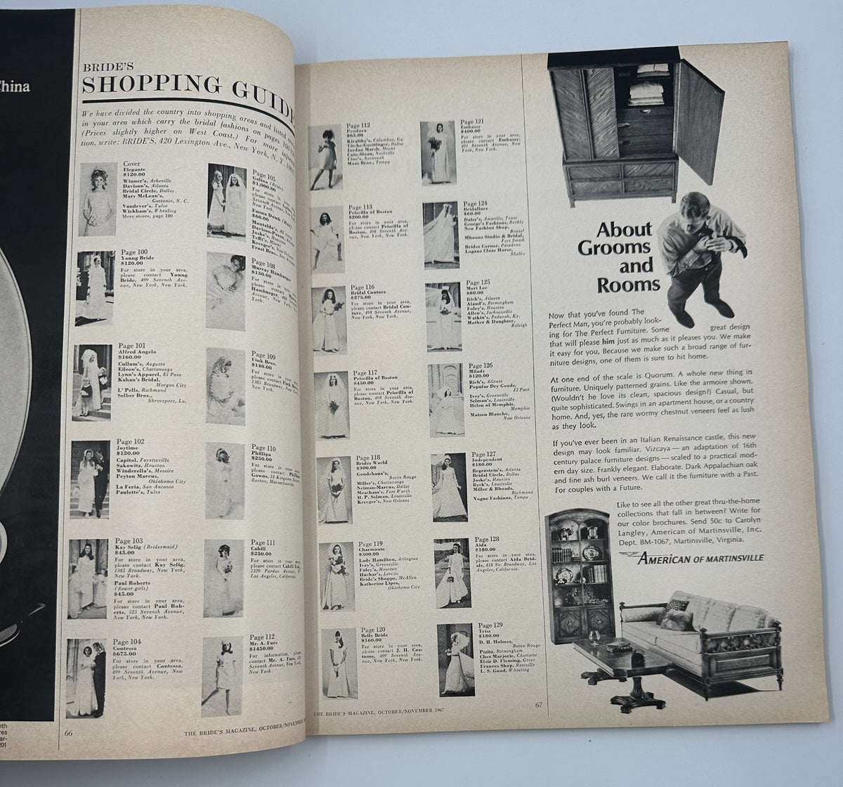 Bride's Magazine October/November 1967 featuring a bridal shopping guide with illustrated wedding dress options and advice on grooms and home decor.