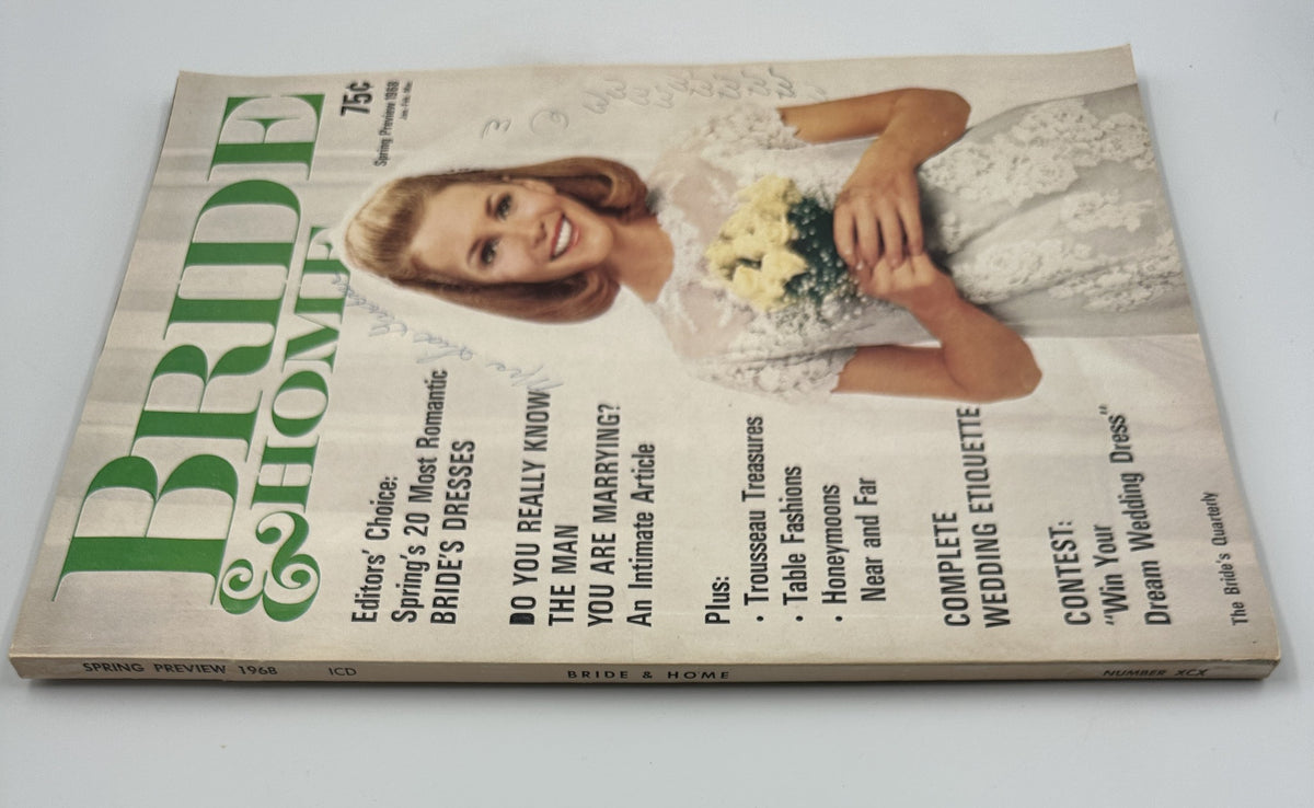Bride & Home Magazine Spring Preview 1968 featuring a bride in a romantic wedding dress on the cover, showcasing elegant bridal fashion.