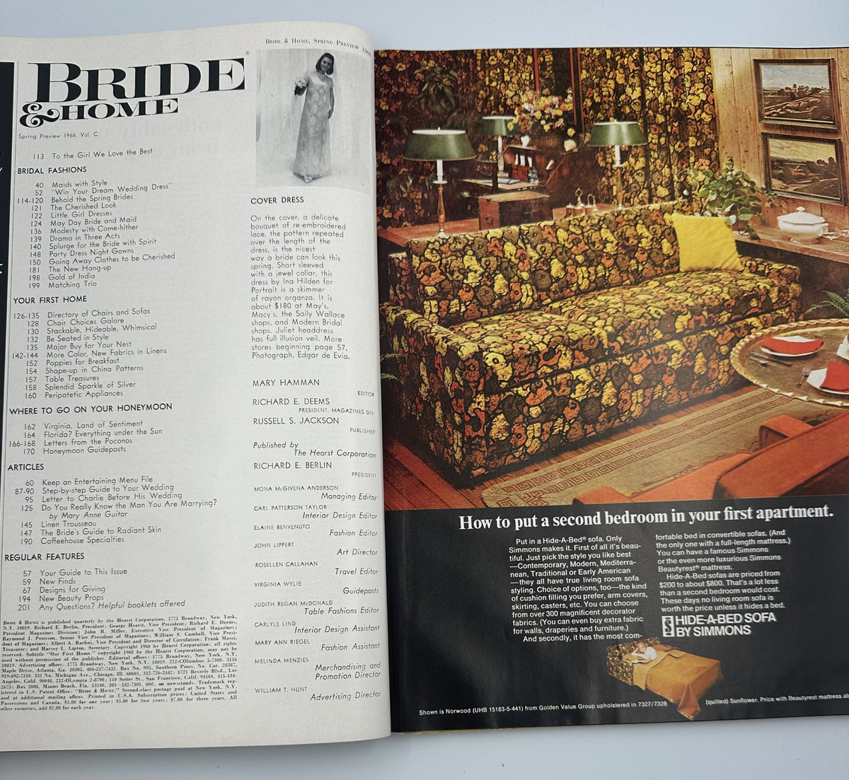 Interior page of Bride & Home Magazine Spring Preview 1968 displaying the Table of Contents, focusing on bridal fashions, home decor, and honeymoon destinations.