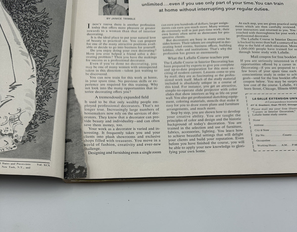 Close-up of an interior page from Bride & Home Magazine Spring Preview 1968, featuring an article by Janice Trimble on home decorating and career opportunities.