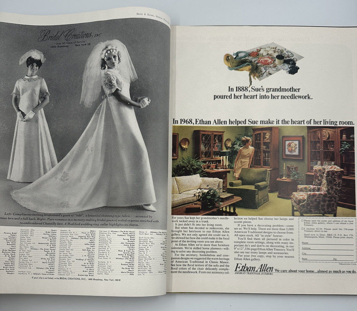 Interior page of Bride & Home Magazine Spring Preview 1968 showcasing bridal attire and home living inspirations, complete with product advertisements.