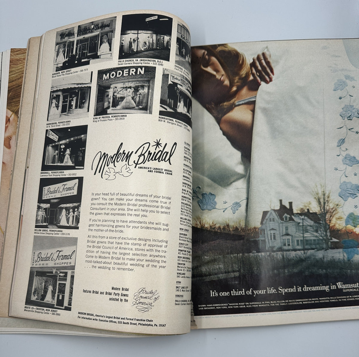 Bride & Home Magazine Spring Preview 1968 features vintage bridal fashion advertisements showcasing modern bridal styles, highlighting details about bridal shops and dresses.