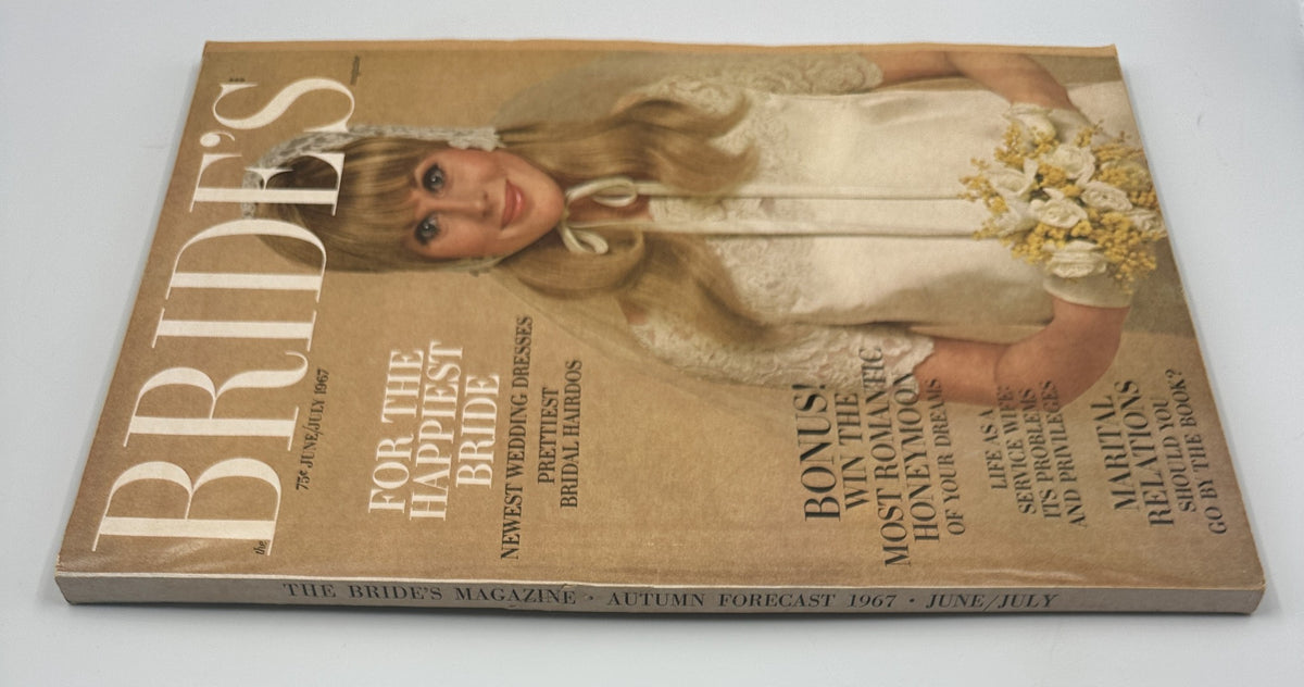 Bride's Magazine June/July 1967 displaying the cover with the happiest bride and slanted perspective. Highlights include details about wedding dresses and bridal hairstyles from the magazine's content.