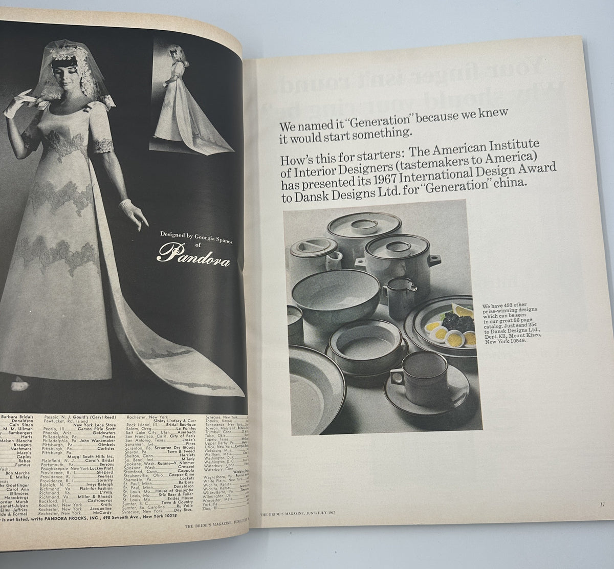 Illustration from Bride's Magazine June/July 1967 featuring a wedding gown designed by Geraldine Stutz, highlighting bridal fashion trends of the era.