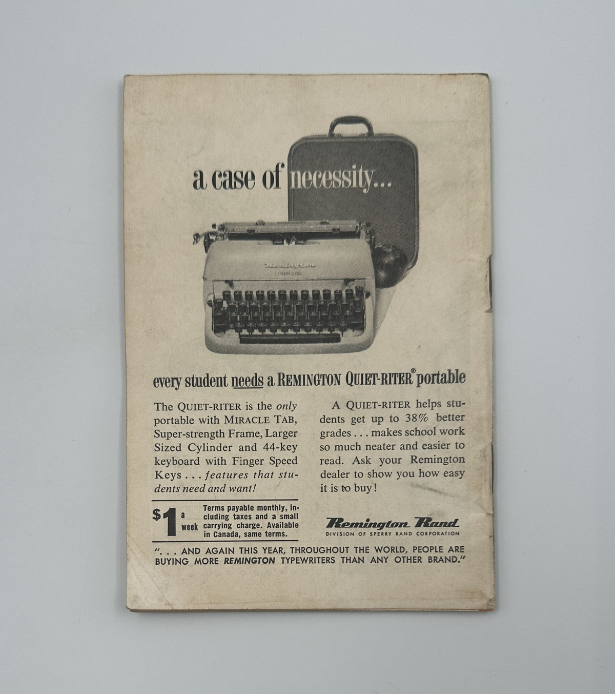 Back cover of Jet Magazine August 29, 1957 promoting the Remington Quiet-Riter portable typewriter, emphasizing its necessity for students.