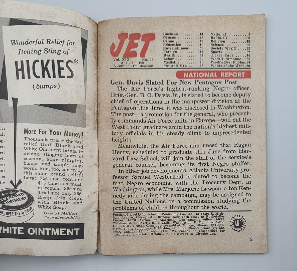 Page from Jet Magazine Vol. XIX No. 25, April 13, 1961, displaying the Table of Contents listing various sections such as Business, Education, and Sports.