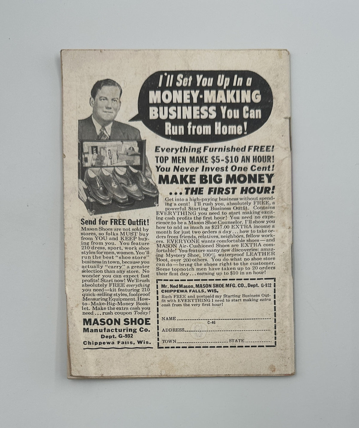 Back cover of Jet Magazine August 10, 1961 advertising a money-making business opportunity. Features a man promoting the business scheme, showcasing potential earnings without initial investments.